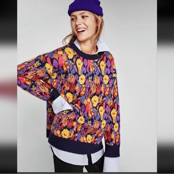 Zara Chunky Floral Jaquard Colorful Sweater Oversized Baggy Loose Bold Retro M - Picture 4 of 14